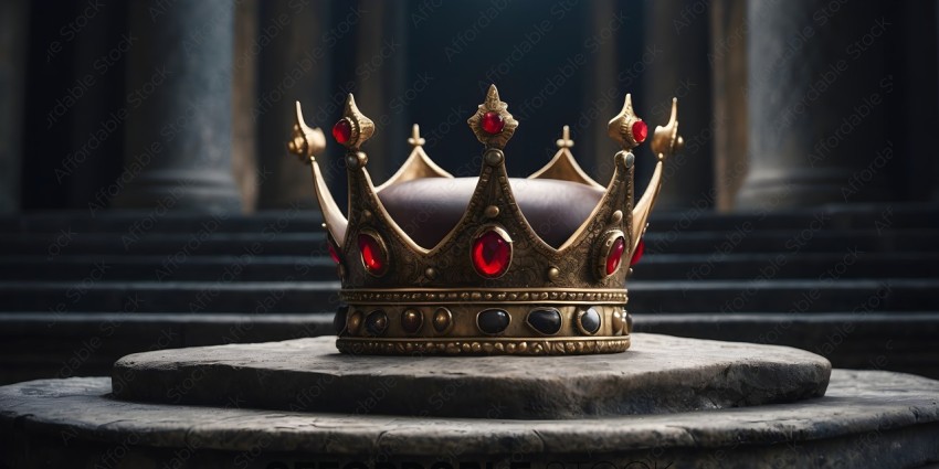 A gold crown with red jewels on it
