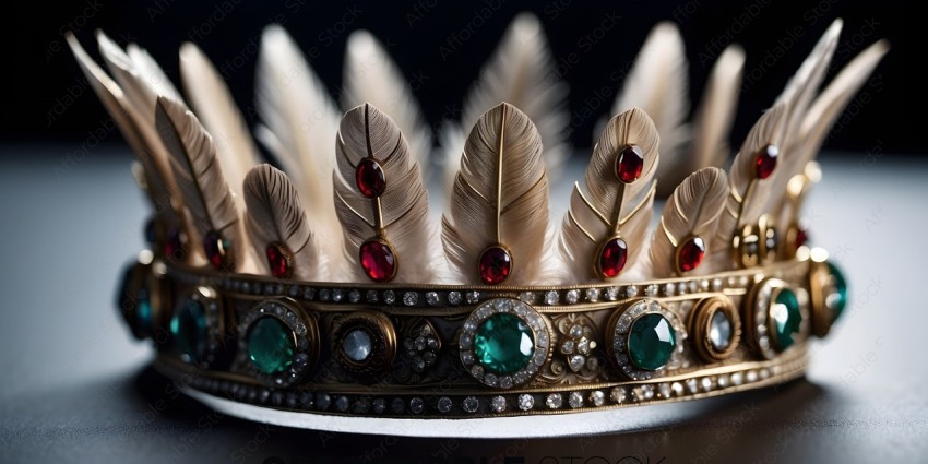 A crown with red and green gems and feathers