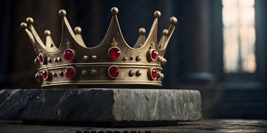 A gold crown with red gems on a stone base