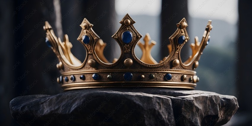 A gold crown with blue gems on it