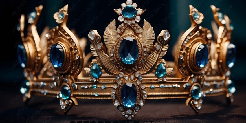 A gold crown with blue gems and white pearls