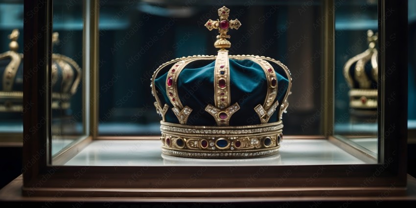 A gold crown with a green cloth and red and blue gems