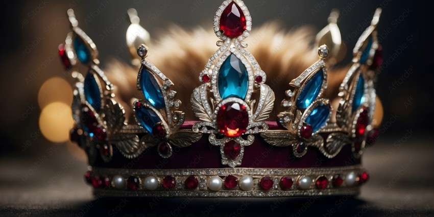 A gold crown with red and blue gems