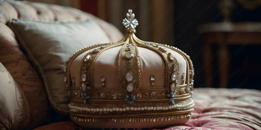 A gold crown with pearls and crystals