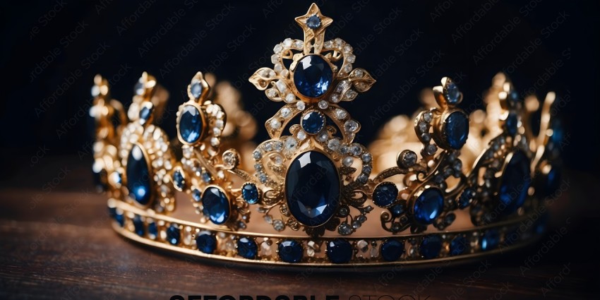 A gold crown with blue and white gems