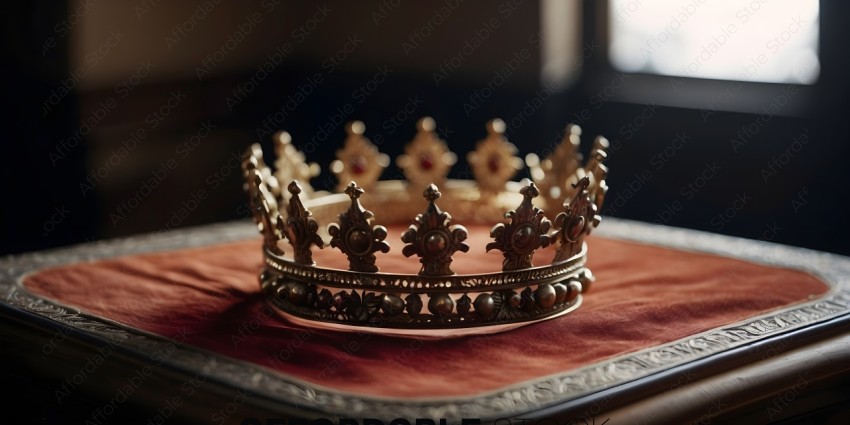 A gold crown with red jewels on a red cloth