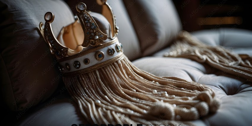 A gold crown with pearls and a long, flowing veil