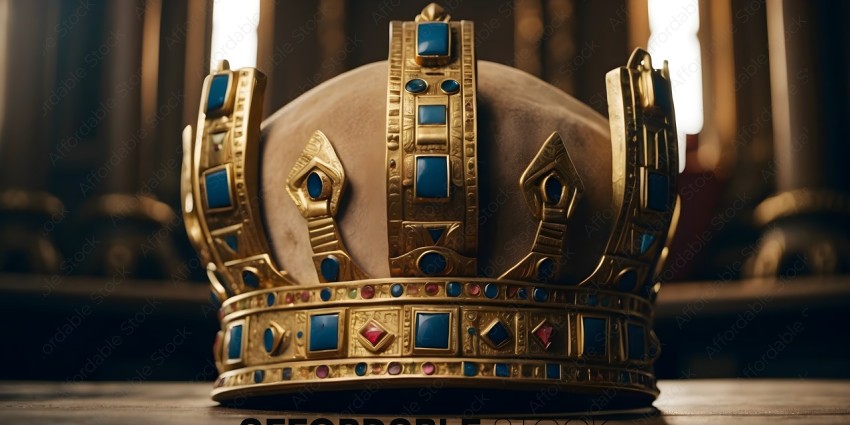 A gold crown with blue and red gems