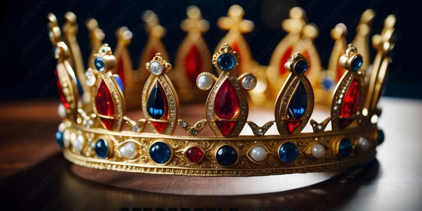 A gold crown with red, blue, and white gems