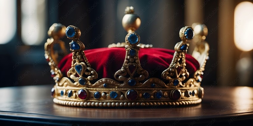 A gold crown with blue and red gems