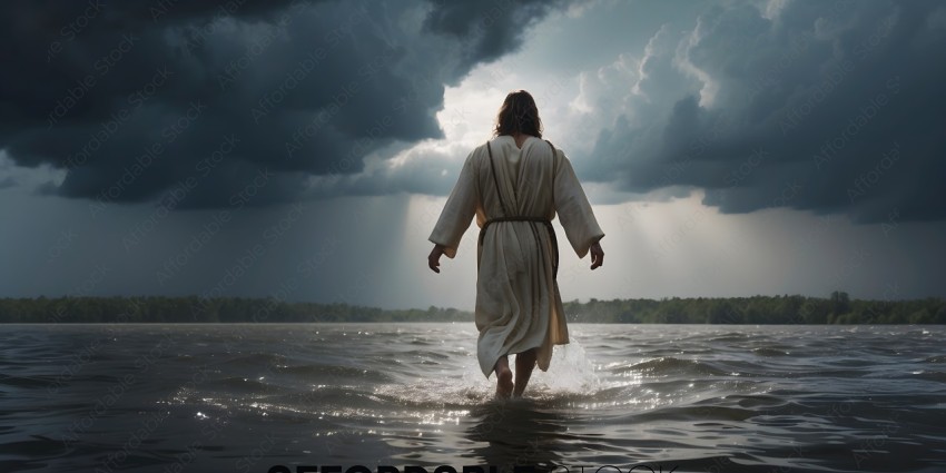A man in a white robe walks through the water