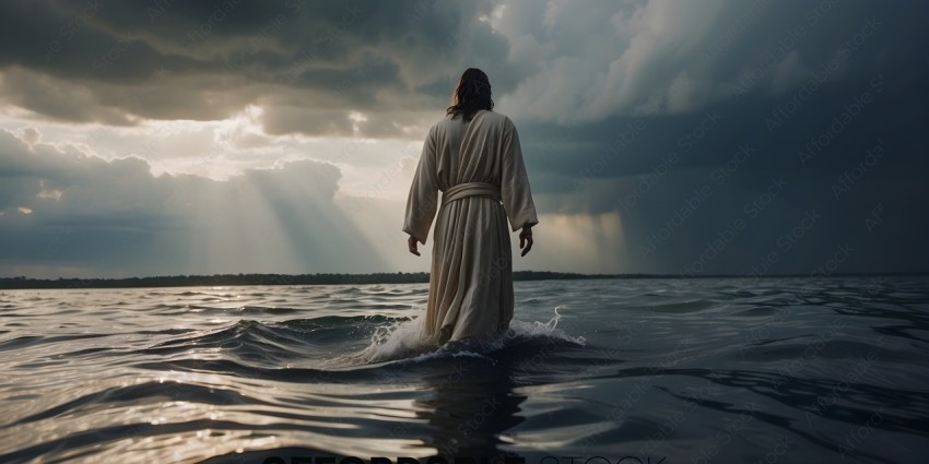 A man in a white robe is standing in the water