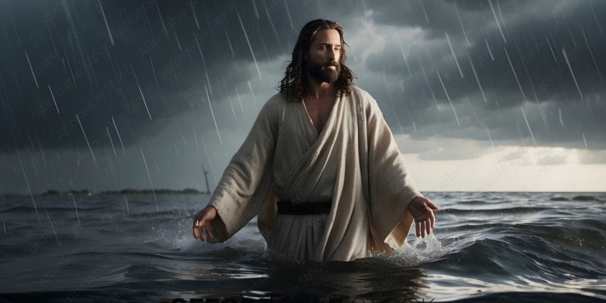 Jesus in the water with rain falling