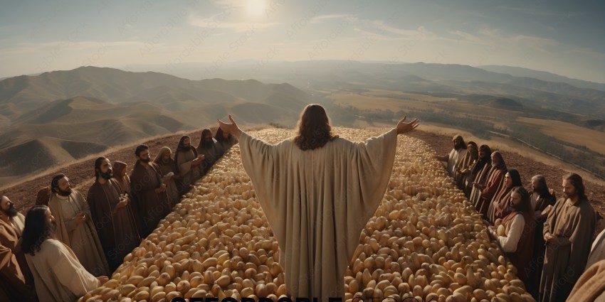 Jesus in the middle of a field of pumpkins