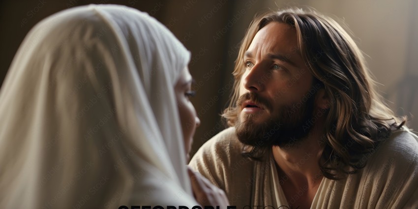 A man with a beard and long hair looking at a woman with a white veil