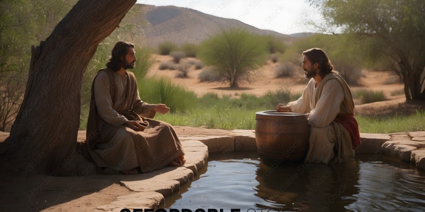 Two men in robes sitting by a water hole