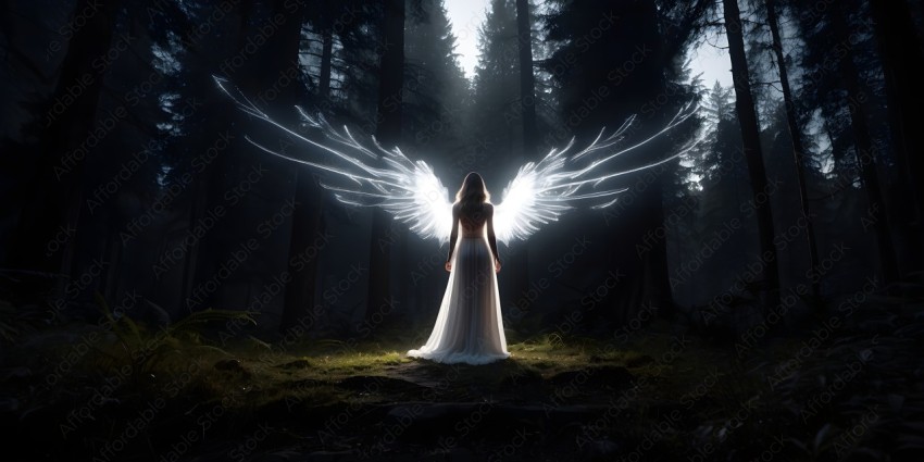 A woman with wings stands in a forest