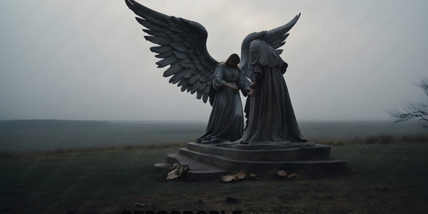 A statue of an angel and a man in a field