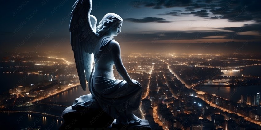 Statue of an angel sitting on a rock overlooking a city at night