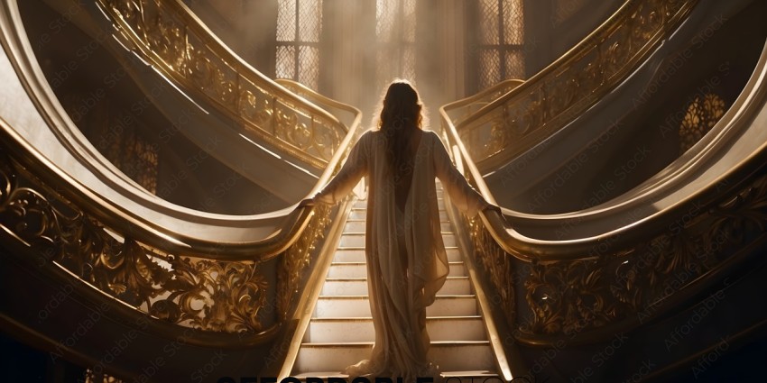 A woman in a long white dress standing on a staircase