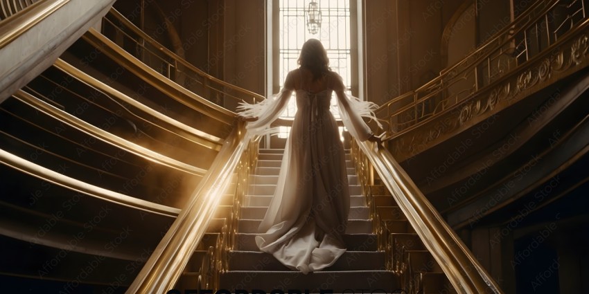 A woman in a white dress standing on a staircase