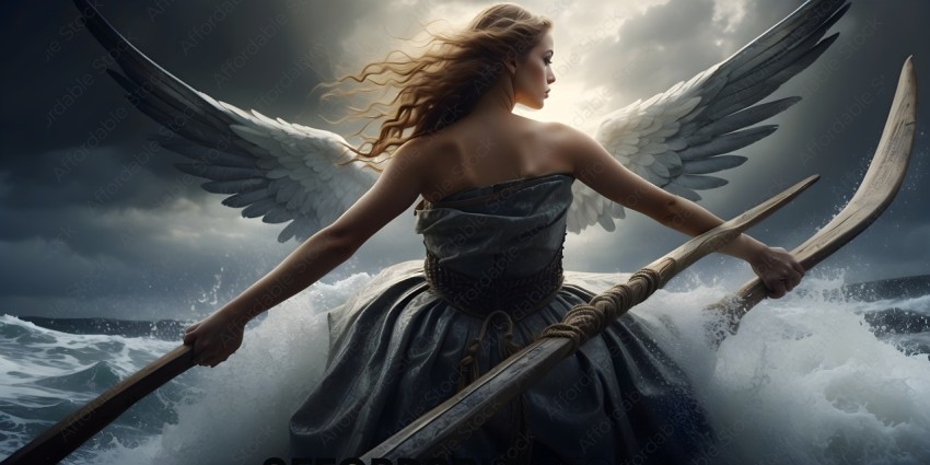 A woman with wings and a sword