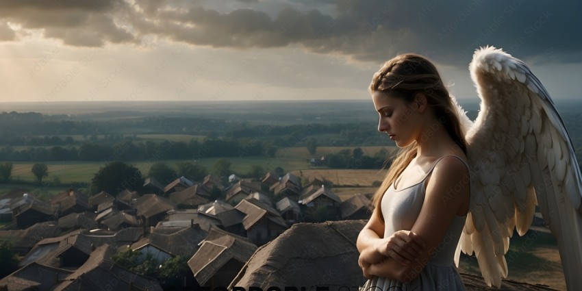 A woman in a white dress looking out over a village