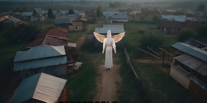 A person in a white robe with wings stands in a rural area