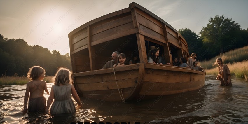 A group of people in a wooden boat