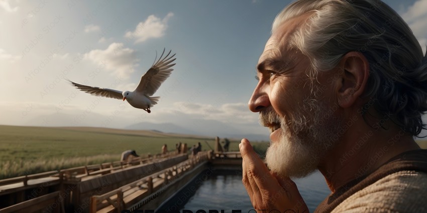 Man with beard watching bird fly over water