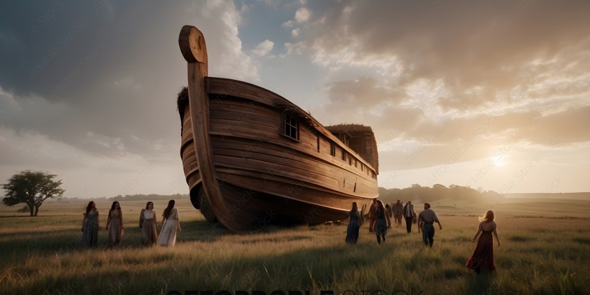 A group of people walking in front of a large wooden boat