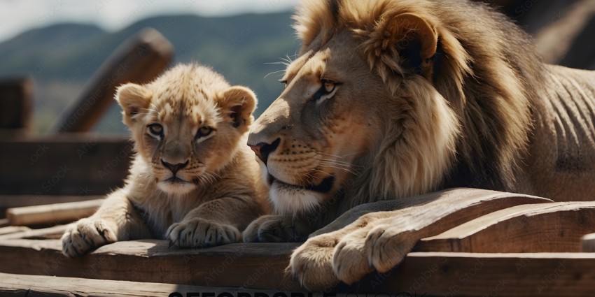 A mother lion and her cub sitting on a wooden platform