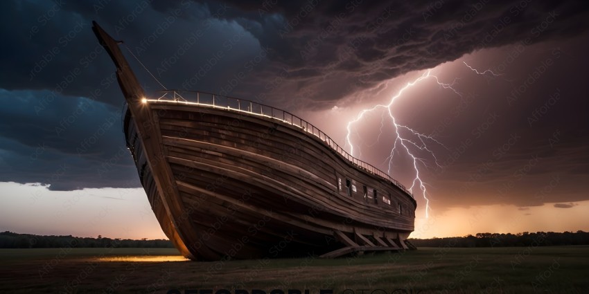 A wooden boat with a lightning bolt in the background
