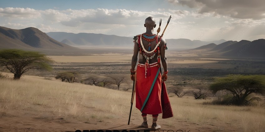 A man in a red and blue dress stands in a desert landscape
