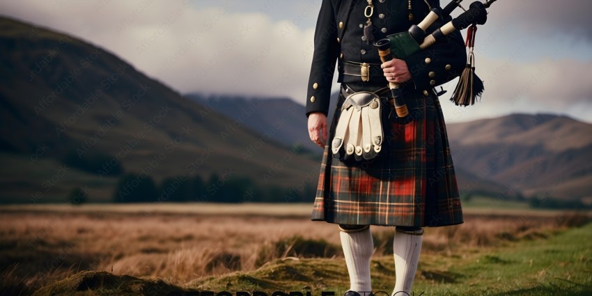 A Scottish man wearing a kilt and holding bagpipes
