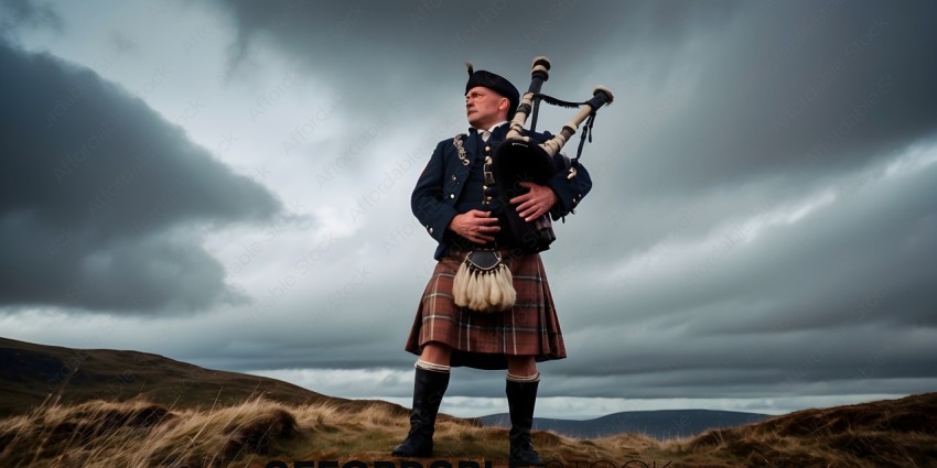 A man in a kilt and a bagpipe is standing on a hill