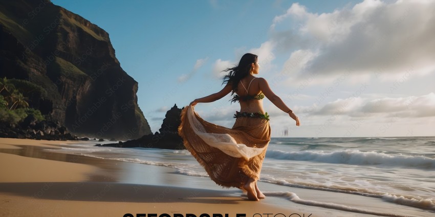 A woman in a grass skirt and bra is walking on the beach