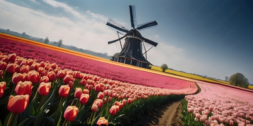 A windmill with a field of tulips