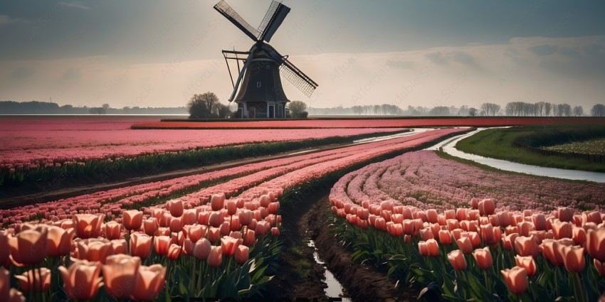 A windmill with a field of pink flowers