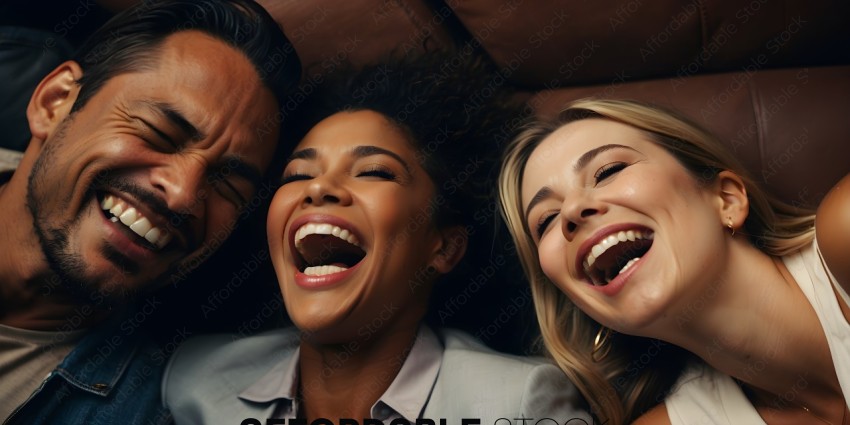 Three people laughing together