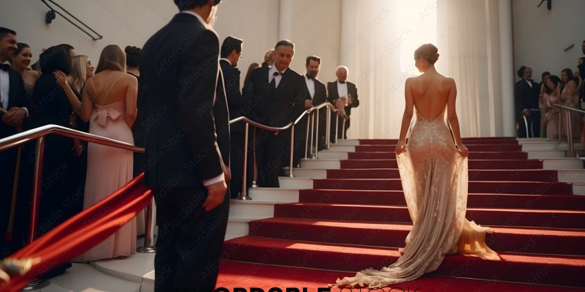 A woman in a long dress walks down a red carpet