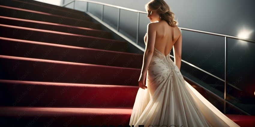 A woman in a white dress is standing on a red carpet