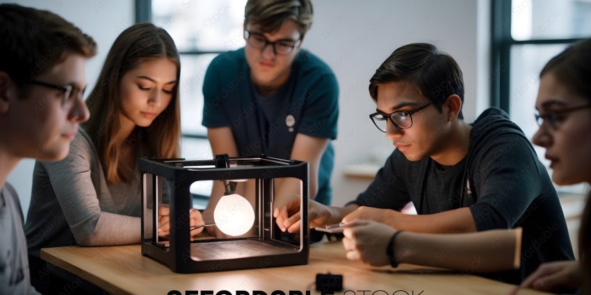Three people looking at a small light bulb