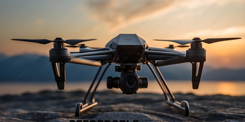A drone with a camera on a rocky surface