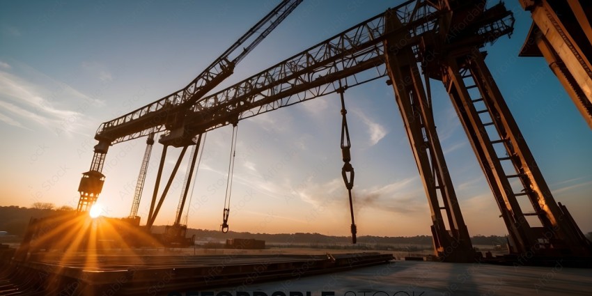 A crane lifts a metal beam at sunset