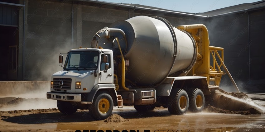 A large concrete mixer truck on a muddy road