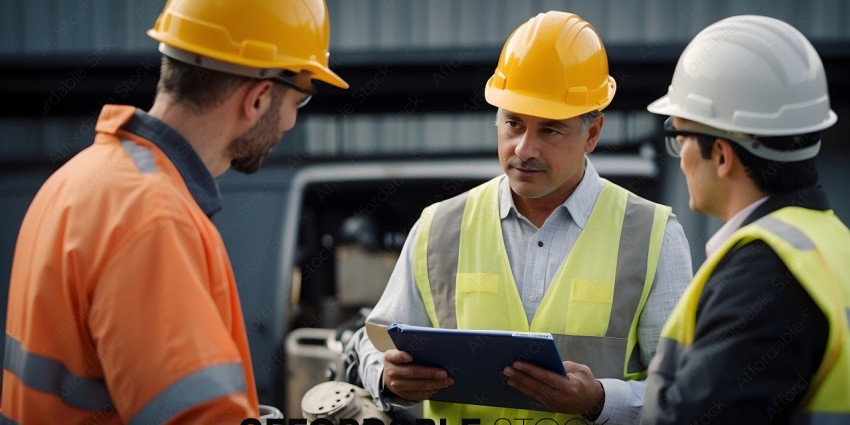 A man in a yellow safety vest is looking at a tablet