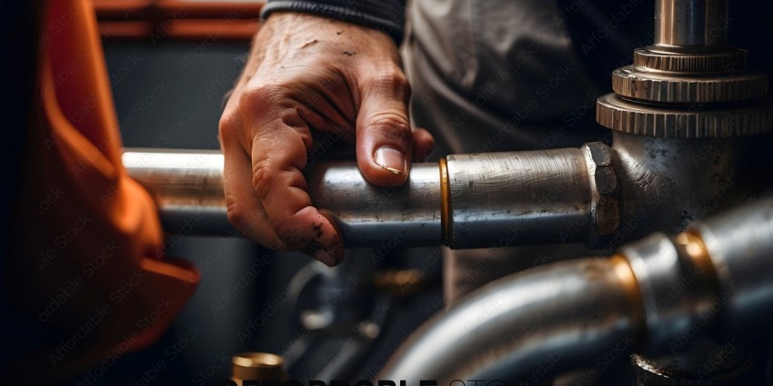 A man with dirty hands is working on a metal pipe