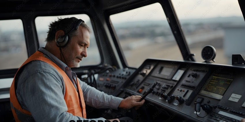 A man wearing an orange vest is operating a control panel