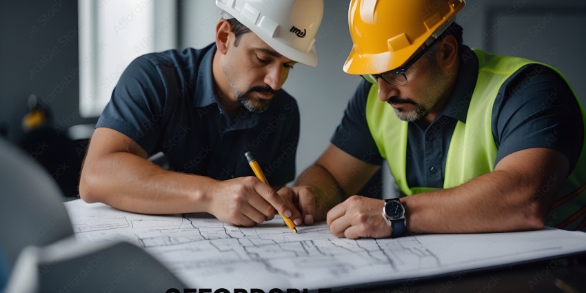 Two men in construction hats are looking at a blueprint